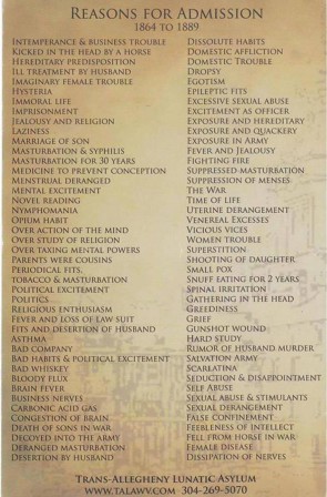 Reasons for admission into the Trans-Allegheny Lunatic Asylum in West Virginia from 1864 to 1889.jpg