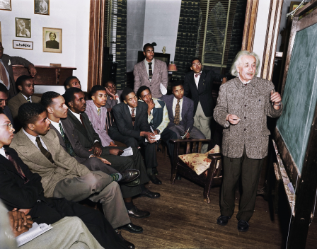 Albert Einstein teaching at Lincoln the United State’s first Historical Black University 1946.png