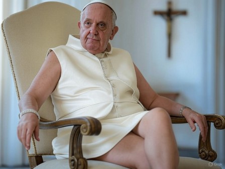 le pape en chasuble courte prenant le frais et répondant aux questions des journalistes comme Sharon Stone dans la scène d'interrogatoire de Basic Instinct
