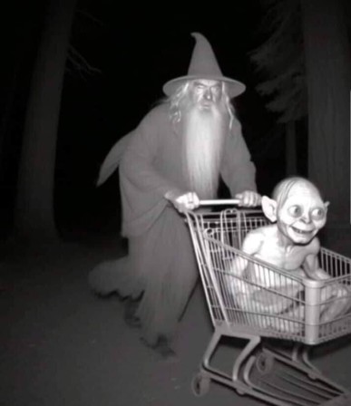 Gandalf poussant Gollum dans un caddie de supermarché bientôt Noël