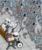 deux robots exercent calmement leur intelligence artificielle en lisant et dessinant et lisant sur un banc public tandis qu'une armée de zombies humanoïdes passent sur le trottoir le nez rivé sur leur &amp;quot;smartphone"