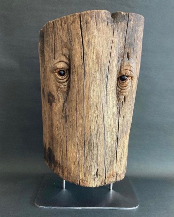 Carlos Miller @escultor_carlos_miller Invisible Man carved tree trunksteel base 2023 qu'en pensent les français de souche.jpg, nov. 2023