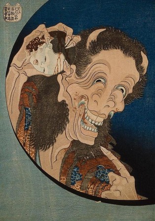 Katsushika Hokusai Gravures sur bois de Hyaku Monogatari Cent histoires fantômes ca. 1830 Le rire Hannya Warai-hannya.jpg, janv. 2020