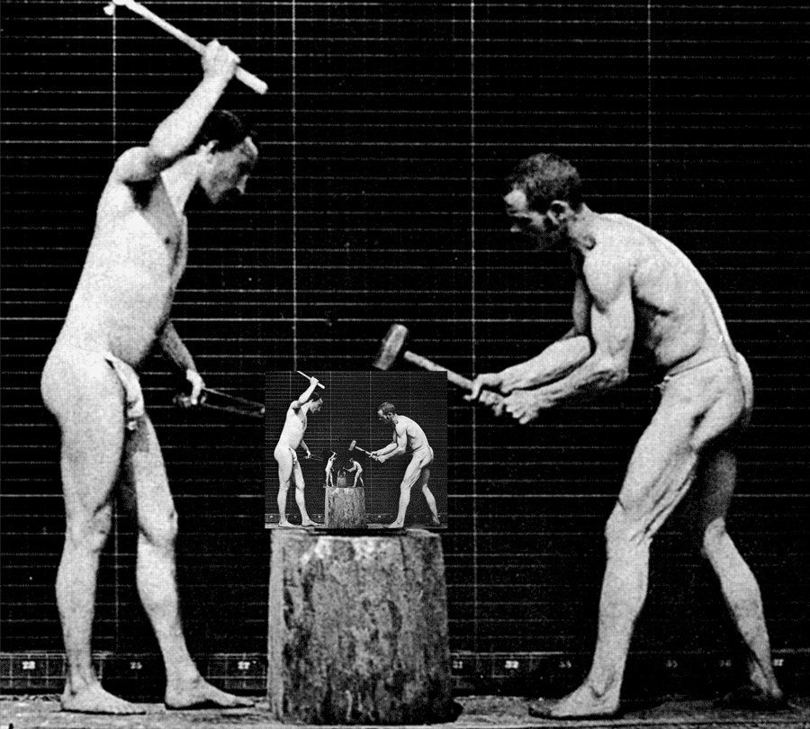 Bill Domonkos Two blacksmiths. Photogravure after Eadweard Muybridge, 1887.gif, déc. 2020