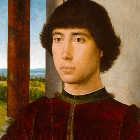 Hans Memling Portrait d'un homme en son donjon machant un malabar 1480.gif, janv. 2023