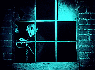 Nosferatu le vampire (Nosferatu, eine Symphonie des Grauens) Friedrich Wilhelm Murnau 1922 derrière la vitre 2.gif, janv. 2021