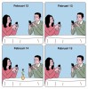 chacun sur son smartphone, un couple à table en quatre vignettes, du 13 au 15 février. le 14, il y a une rose sur la table