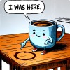 une tasse de café anthropomorphe contemple avec émotion la trace laissée par son cul sur la table de bois en déclarant &amp;quot;I was here" (j'y étais