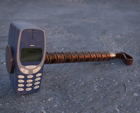 Dans la mythologie nordique Mjöllnir est le marteau à manche court de Thor le dieu de la foudre et du tonnerre Orange Nokia téléphone portable.jpg