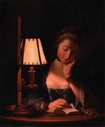 A portrait of a woman reading by a paper-bell shade by Henry Robert Morland 1766.jpg, déc. 2020