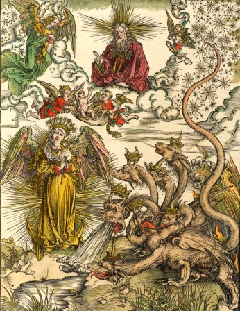 Albrecht Dürer Illustration from Apocalipsis cu m figuris Nürnberg 1498 femme de soleil et dragon à sept têtes.jpg, mar. 2021
