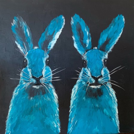 Astrid Echle German b. Leverkusen Germany based Walluf Rheingau Germany Blue Rabbits Paintings Acrylic on Canvas les lièvres bleu loi lapin.jpg, févr. 2024