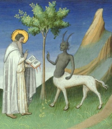 Bibliothèque nationale de France, Français 2810 f.151r (St Anthony and the satyr). John Mandeville, Voyages. Paris, c1410-1412 Saint Antoine et le centaure.jpg, avr. 2021