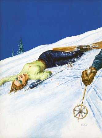 Cover of a 1956 issue of Ellery Queen’s Mystery Magazine. Illustration by Ed Emshwiller ski mort le planter de bâton.jpg, nov. 2020