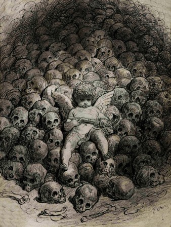Cupid with a Pistol on Top of a Mountain of Skulls by Gustave Doré 1832 –1883 Cupidon nous enterrera tous.jpg, août 2021