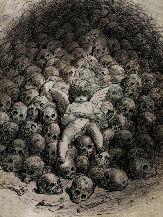 Cupid with a Pistol on Top of a Mountain of Skulls by Gustave Doré 1832 –1883 Cupidon nous enterrera tous.jpg, août 2021