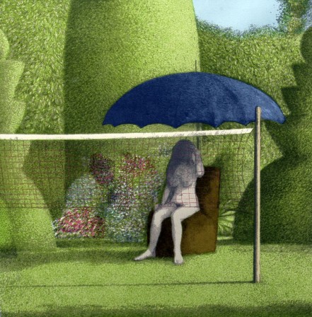 David Inshaw Girl Sitting in the Garden1975 Lithograph se protéger du soleil.jpg, janv. 2023