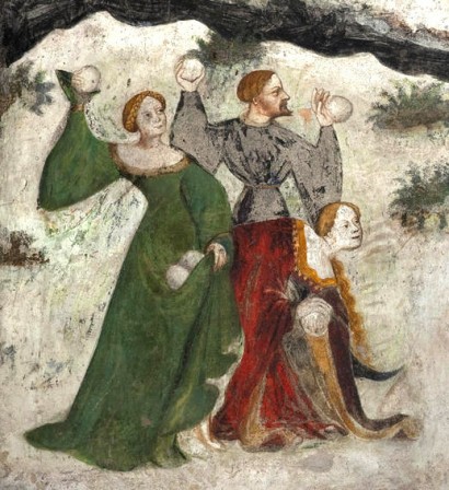 Details from the January fresco at the Castello del Buonconsiglio Trento c.1400 seigneurs et gentes dames se livrant à une bataille de boules de neige.jpg, déc. 2020