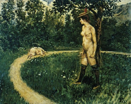 Julio Ruelas Animal Trainer 1897 oil on cardboard déconstruction la dresseuse de porcs et de chiens mâles