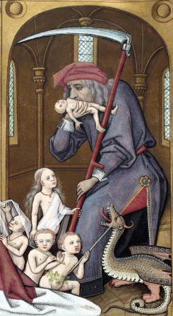 Les Echecs amoureux illustrés par Robinet Testard Saturne mangeant ses enfants Cronos portant la faux dévore un à un ses enfants sortant du giron de Cybèle Rhéa vers 1496.jpg