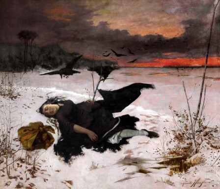 Marceli Harasimowicz Polish 1859-1935 Prey of Ravens, 1888 mort hiver celle qui dormait dehors sdf.jpg, déc. 2023
