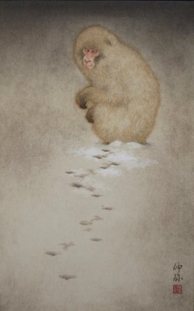 Shinya Tamai Footprints after Kawanabe Kyôsai natural mineral pigment on japanese paper mounted on wood panel, 2016 un singe en hiver.jpg, févr. 2023