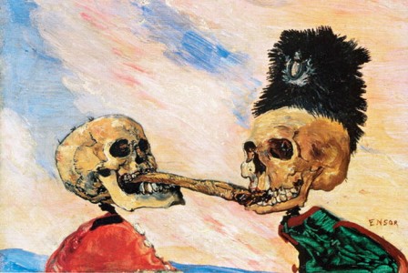 Squelettes se disputant un hareng-saur  James Ensor - 1891. Musées royaux des Beaux-Arts de Belgique Skeletons Fighting over a Pickled Herring.jpg, nov. 2020