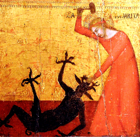 St. Margaret of Antioch attacks a demon with a hammer The Mystic Marriage of Saint Catherine, ca. 1340 marteau.png, juin 2021