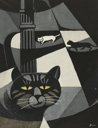 Tomoo Inagaki (1902-1980) — Cats in Love  (woodblock print, 1957) chat la saison des fortes chaleurs.jpg, mai 2021