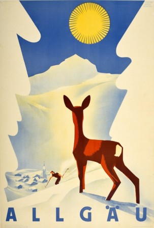 Travel poster for Allgäu Germany featuring a deer looking down at a man skiing down a slope to a town c. 1950 Artwork by Franz Weiss bambi ski.jpg, déc. 2021