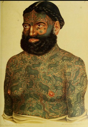 Unknown Painting detailing the tattoos of Prince Constantine Albania about 1870 tatouage j'ai vu tous les animaux de la terre.jpg, févr. 2023