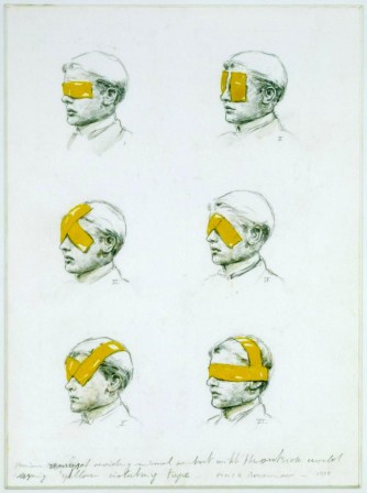 gestes barrières Various ways of avoiding visual contact with the outside world using yellow isolating tape, Michael Borremans, 1998.jpg, oct. 2020
