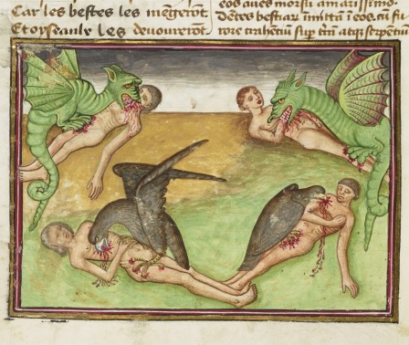 livre de la vigne nostre seigneur France c. 1450–1470 source Oxford, Bodleian Library MS. Douce 134 souls of the slothful being devoured by dragons and eagles in hell pendant ce temps dans les geoles facebook