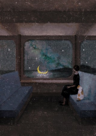 assis sur la banquette d'un vaisseau étoilé, une femme et son chat regardent le croisant de lune s'enfoncer dans la mer