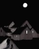 Deb Garlick - Night Walk un homme et son chien sous la lune dans le village de nuit
