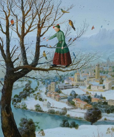 Elen Bezhen (Russian, born 1996) The Girl Who Feeds The Birds, 2024 oil on canvas les oiseaux en hiver