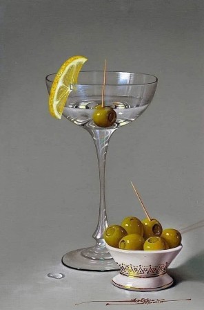 Javier Mulio — Martini and Olives (oil on board, 2022) hyperréalisme la peinture à l'olive c'est bien difficile