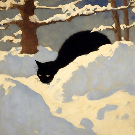 un chat noir à l'affut, tapis dans la neige