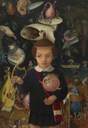 Mitsuru Watanabe — Naoko Playing in Bosch’s Hell (oil on canvas, 2026) une petite fille en enfer
