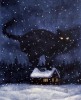 la neige tombe dans la nuit, un chat noir plus grand que la maison se tient sur le toit