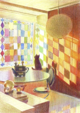 Nikita Chan (Chinese American), Rainbow Shower, 2025, Colored pencil on paper le chat et le vitrail