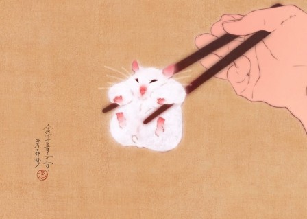 Otama-Shimai chat manger les souris avec des baguettes une souris en forme est une souris qui fait de l'exercice