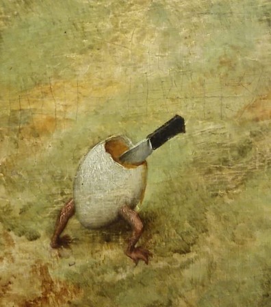 Pieter Brueghel the Elder Walking egg 1567 detail le couteau dans la tête de l'oeuf fuyant le Pays de Cocagne