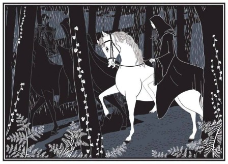 The white steed le destrier blanc Illustration by L. J. Le Rolland, inspired by the Scottish folk ballad Tam Lin cheval forêt