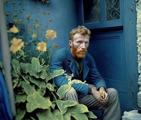 Colorized photo of Vincent van Gogh at his home in Arles in 1869  photo by Robert Capa bonjour.jpg, mai 2023