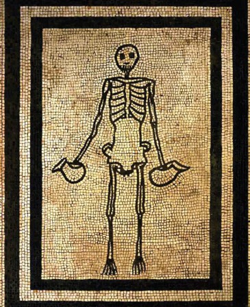 Unknown, Mosaic depicting a skeleton as a symbol of the transience of human life, Vesuvius area, 1st Century B. C mort eau.jpg, janv. 2023