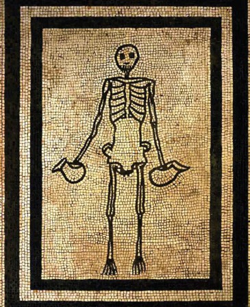 Unknown, Mosaic depicting a skeleton as a symbol of the transience of human life, Vesuvius area, 1st Century B. C mort eau.jpg, janv. 2023