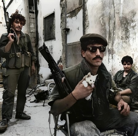 Aline Manoukian A Palestinian militant holds a kitten in the Burj al-Barajneh refugee camp outside of Beirut, Lebanon, July of 1988 chat du Liban