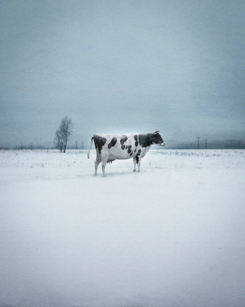 une vache immobile dans un champs couvert de neige