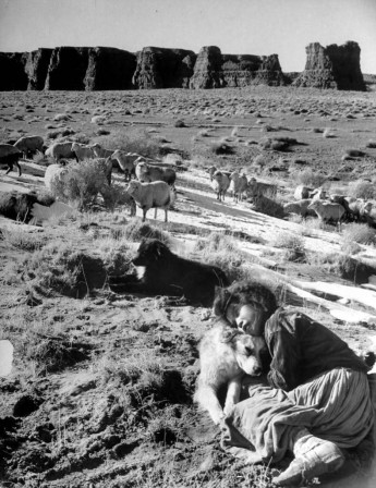 Leonard James McCombe. A Navajo girl hugging her dog while watching over sheep on the high plateau, 1948 chien